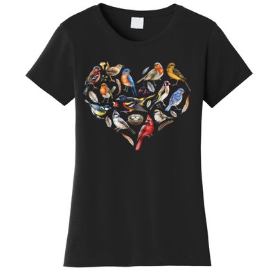 Forest Bird Heart Watching Cardinal Goldfinch Wren Chickadee Women's T-Shirt