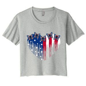 Funny Butterfly Heart With Usa Flag Patriotic 4th Of July Cute Gift Women's Crop Top Tee