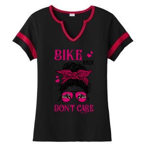 Funny Biker Hair Dont Care Messy Bun Bike Lover Great Gift Ladies Halftime Notch Neck Tee