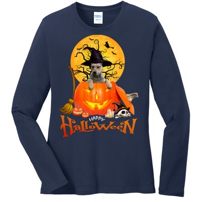 Funny Blue Heeler Dog Spooky Halloween Ladies Long Sleeve Shirt