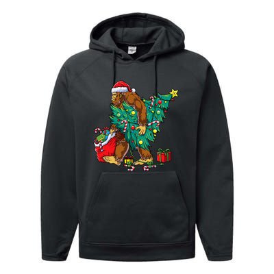 Festive Bigfoot Holiday Decor for Sasquatch Enthusiasts Performance Fleece Hoodie