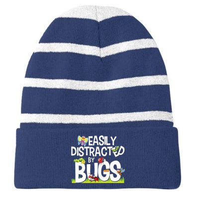 Funny Bug Insects Easily Distracted By Bugs Science Striped Beanie with Solid Band