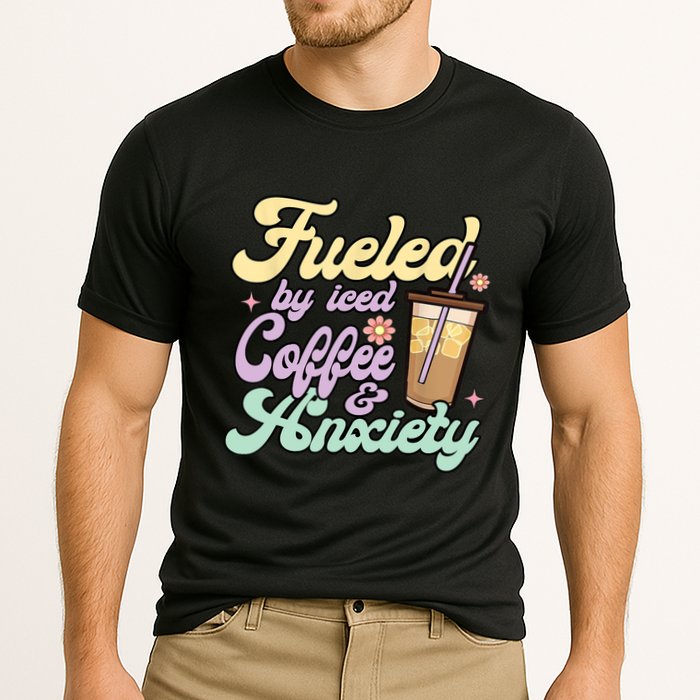 Fueled By Iced Coffee And Anxiety Funny Coffee Lover Cooling Performance Crew T-Shirt