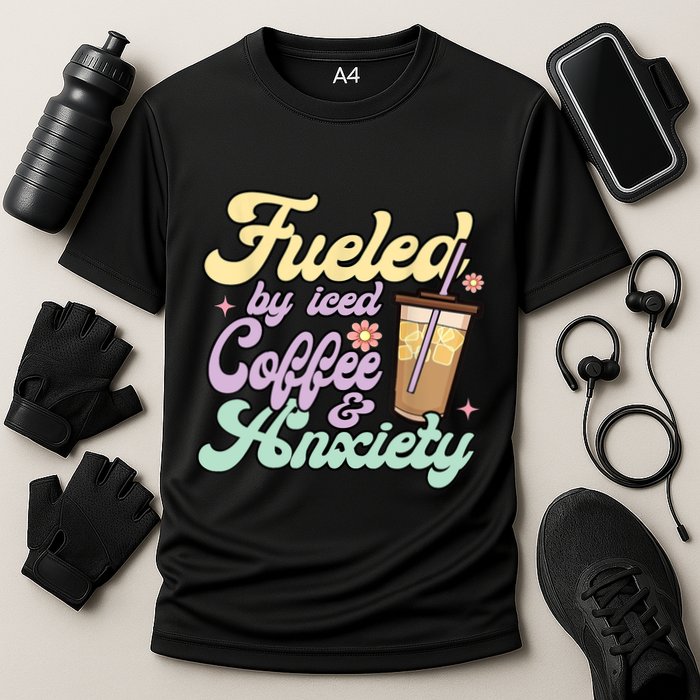 Fueled By Iced Coffee And Anxiety Funny Coffee Lover Cooling Performance Crew T-Shirt