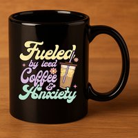 Fueled By Iced Coffee And Anxiety Funny Coffee Lover 11oz C Handle Ceramic Mug