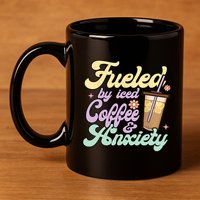 Fueled By Iced Coffee And Anxiety Funny Coffee Lover 11oz C Handle Ceramic Mug