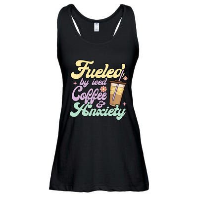 Fueled By Iced Coffee And Anxiety Funny Coffee Lover Ladies Essential Flowy Tank