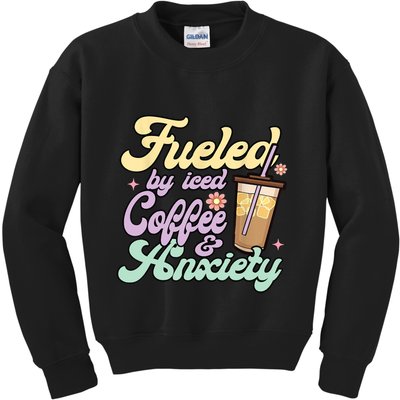 Fueled By Iced Coffee And Anxiety Funny Coffee Lover Kids Sweatshirt