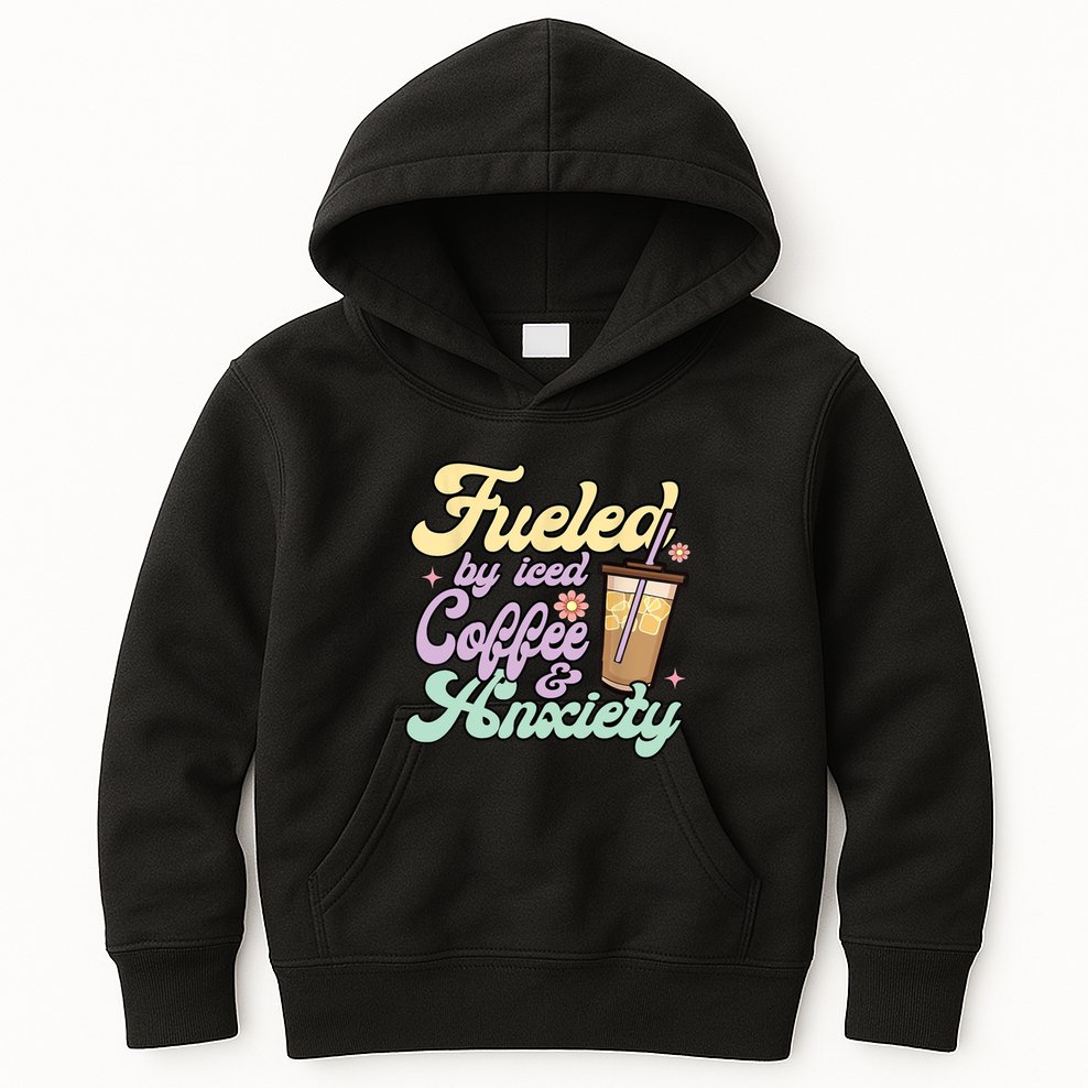 Fueled By Iced Coffee And Anxiety Funny Coffee Lover Kids Hoodie