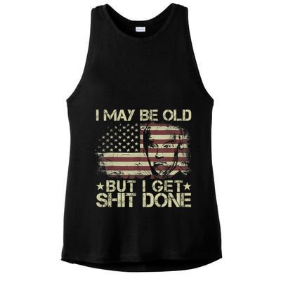 Funny Biden I May Be Old But I Get Shit Done Ladies PosiCharge Tri-Blend Wicking Tank