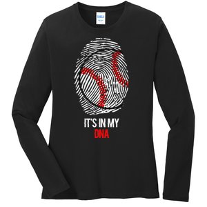 Funny Baseball It's In My DNA Fingerprint Ladies Long Sleeve Shirt