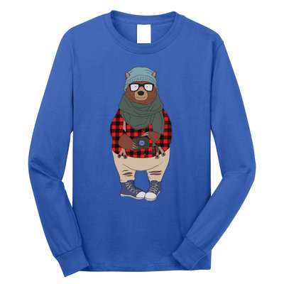 Funny Bear In Fashion Clothes Red Plaid Kawaii Bear Lover Gift Long Sleeve Shirt