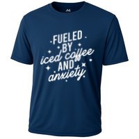 Fueled by Iced Coffee And Anxiety Funny Groovy Coffee Lover Cooling Performance Crew T-Shirt