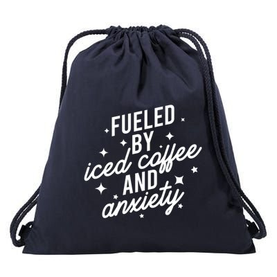 Fueled by Iced Coffee And Anxiety Funny Groovy Coffee Lover Drawstring Bag