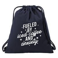 Fueled by Iced Coffee And Anxiety Funny Groovy Coffee Lover Drawstring Bag