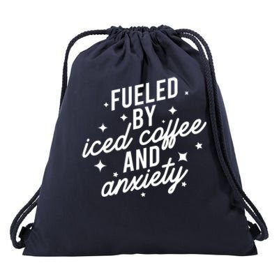 Fueled by Iced Coffee And Anxiety Funny Groovy Coffee Lover Drawstring Bag