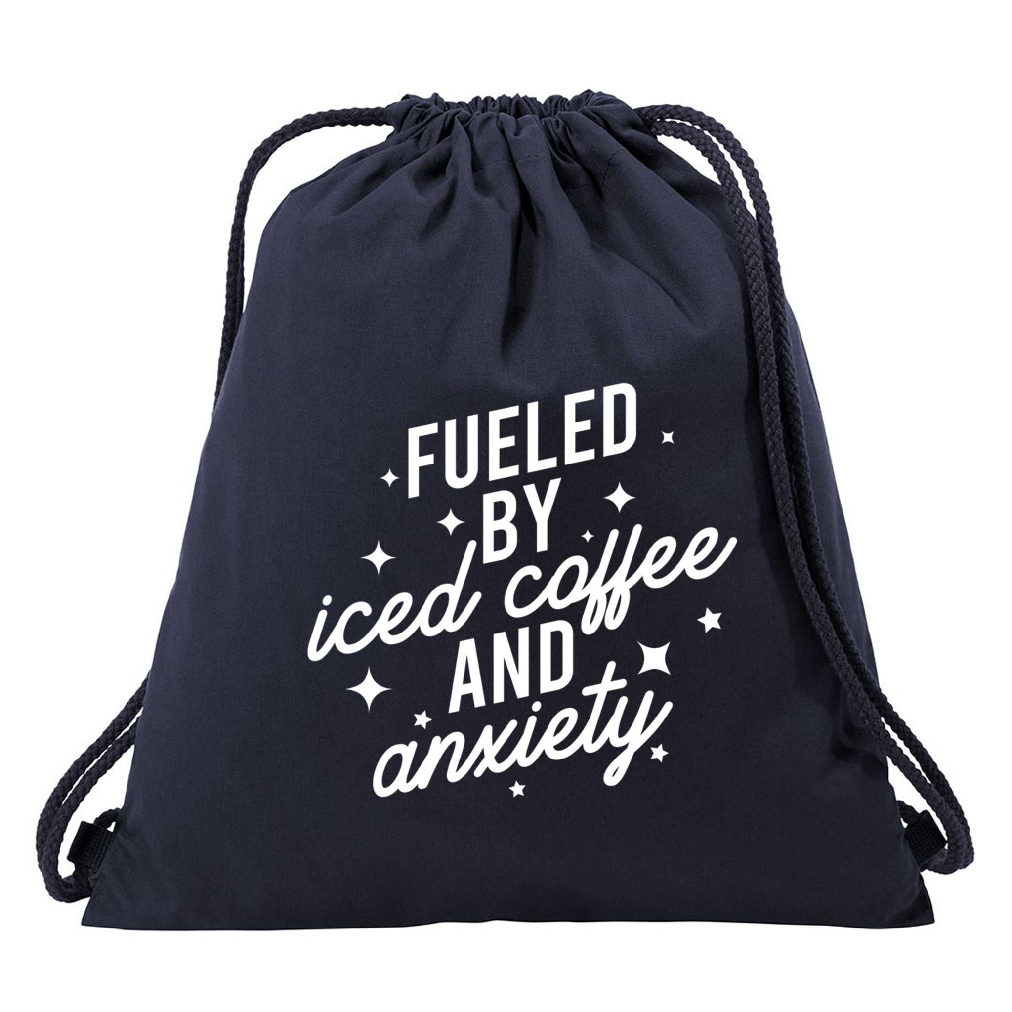 Fueled by Iced Coffee And Anxiety Funny Groovy Coffee Lover Drawstring Bag