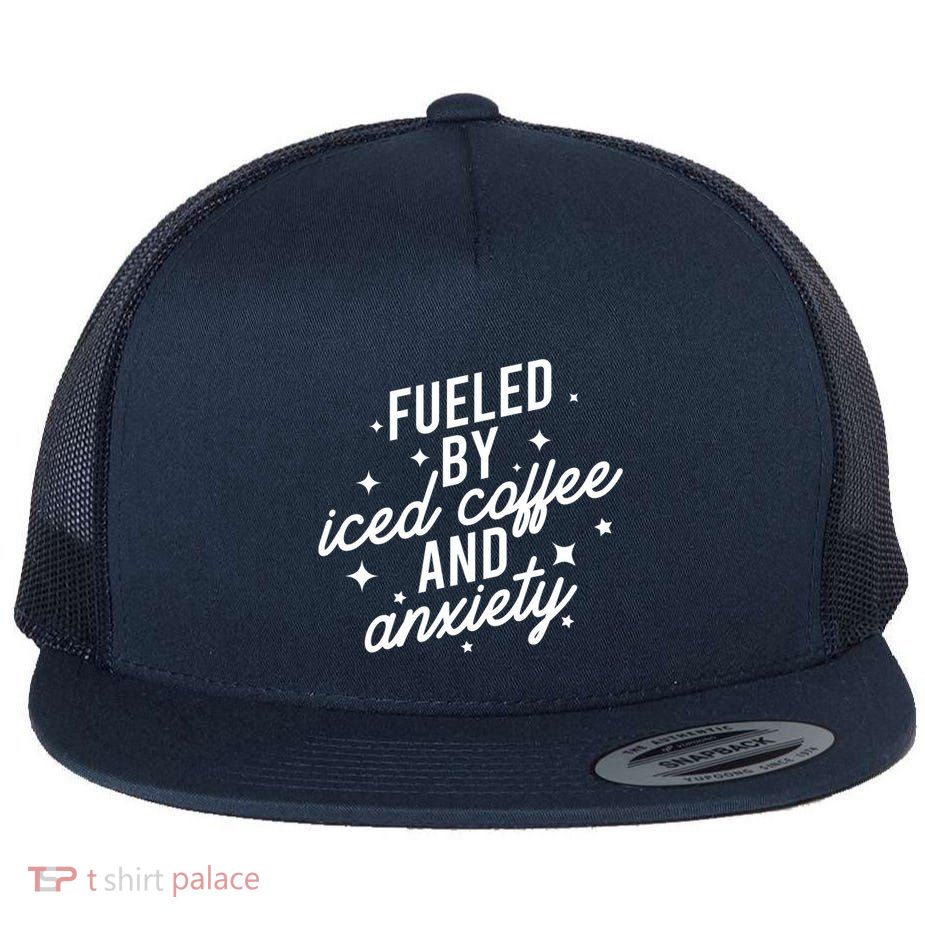 Fueled by Iced Coffee And Anxiety Funny Groovy Coffee Lover Flatbill Hat
