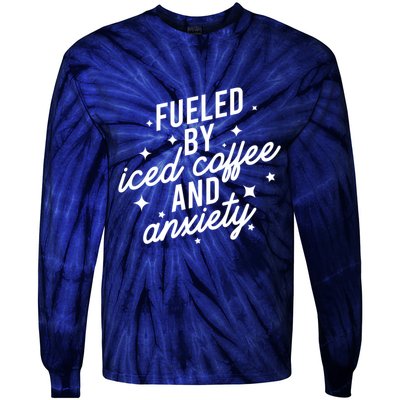 Fueled by Iced Coffee And Anxiety Funny Groovy Coffee Lover Tie-Dye Long Sleeve Shirt