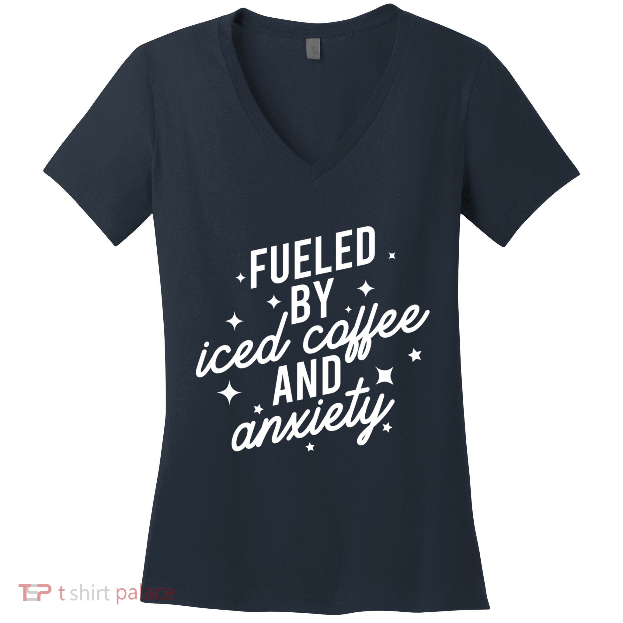 Fueled by Iced Coffee And Anxiety Funny Groovy Coffee Lover Women's V-Neck T-Shirt