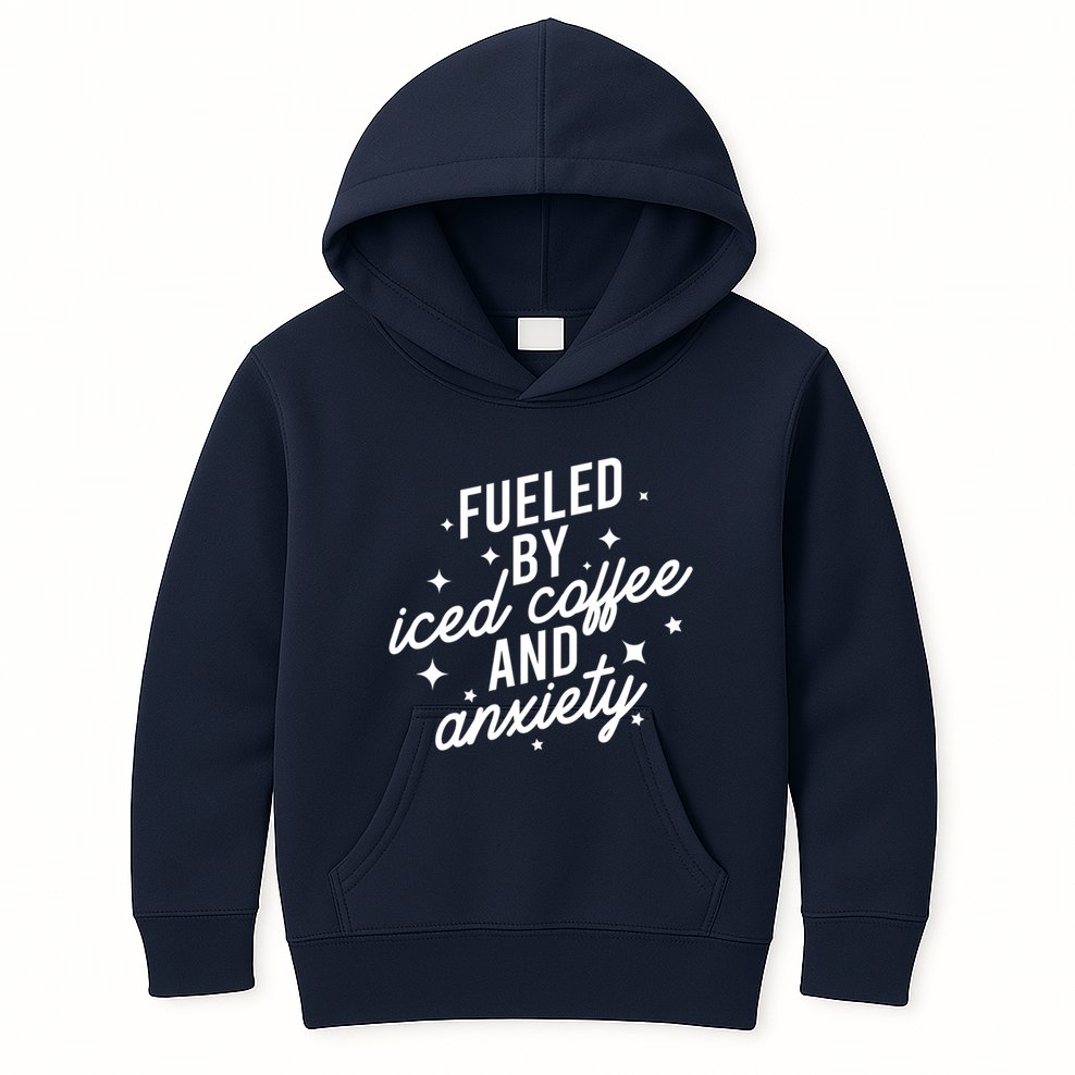 Fueled by Iced Coffee And Anxiety Funny Groovy Coffee Lover Kids Hoodie
