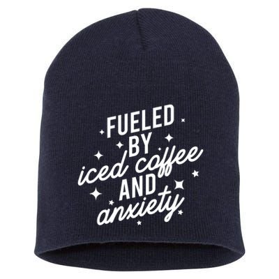Fueled by Iced Coffee And Anxiety Funny Groovy Coffee Lover Short Acrylic Beanie