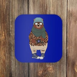 Funny Bear In Fashionable Outfit Leopard Kawaii Bear Lover Gift Coaster