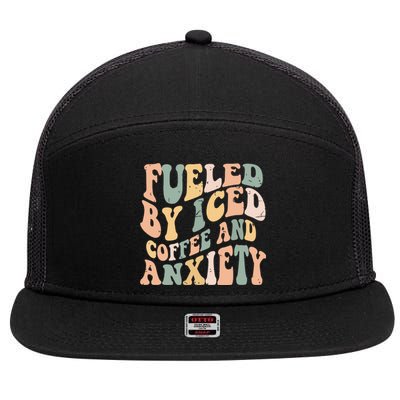 Fueled By Iced Coffee And Anxiety Funny Groovy Iced Coffee 7 Panel Mesh Trucker Snapback Hat