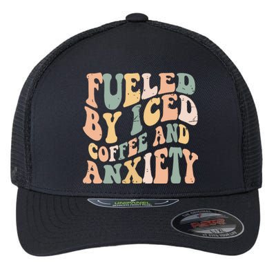 Fueled By Iced Coffee And Anxiety Funny Groovy Iced Coffee Flexfit Unipanel Trucker Cap