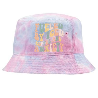 Fueled By Iced Coffee And Anxiety Funny Groovy Iced Coffee Tie-Dyed Bucket Hat