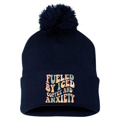 Fueled By Iced Coffee And Anxiety Funny Groovy Iced Coffee Pom Pom 12in Knit Beanie