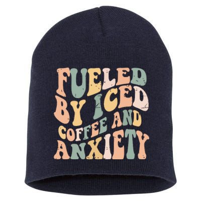 Fueled By Iced Coffee And Anxiety Funny Groovy Iced Coffee Short Acrylic Beanie