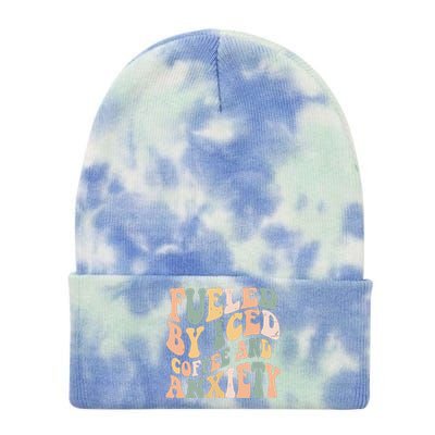 Fueled By Iced Coffee And Anxiety Funny Groovy Iced Coffee Tie Dye 12in Knit Beanie