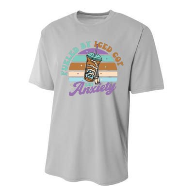 Fueled By Iced Coffee And Anxiety Funny Retro Coffee Lover Performance Sprint T-Shirt