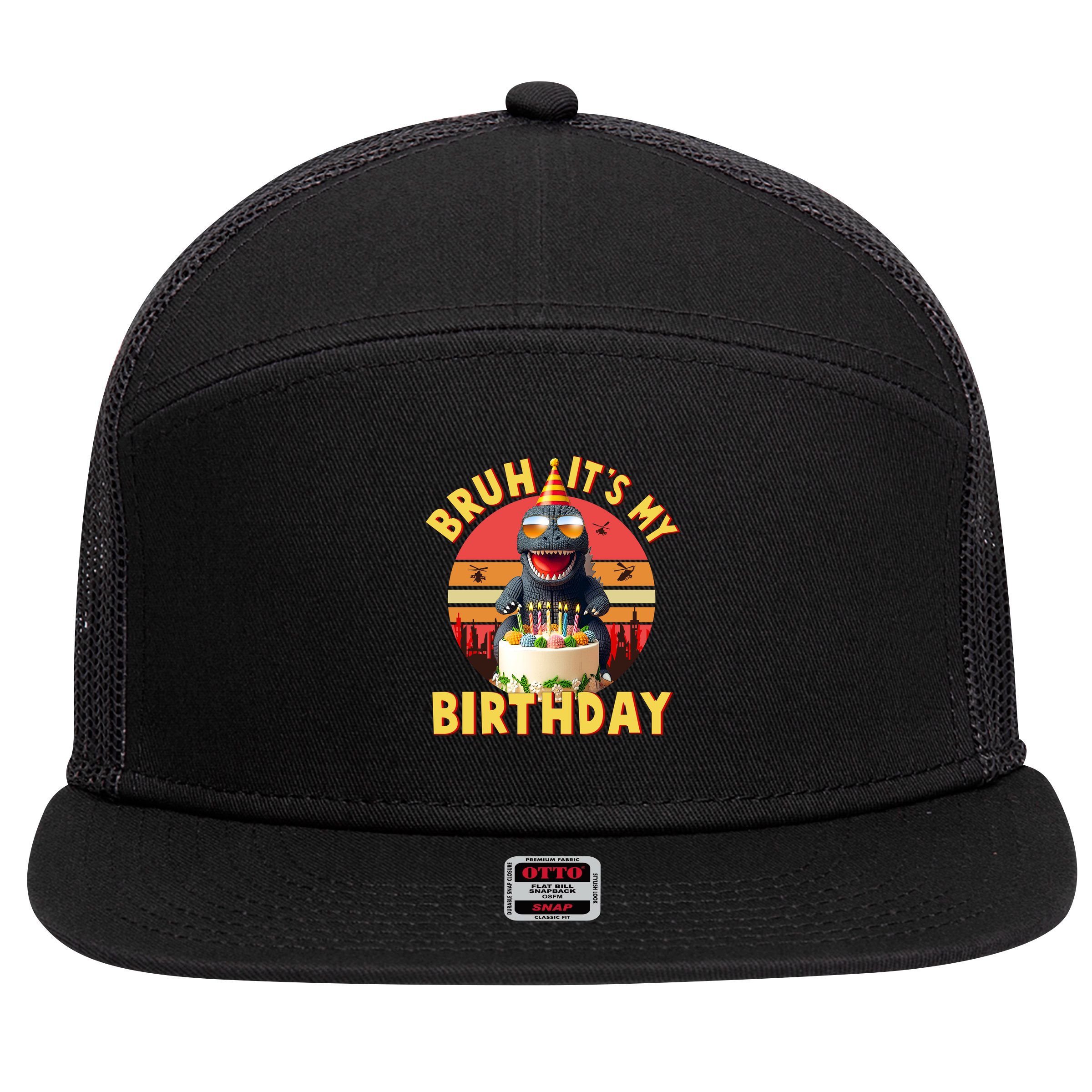 Funny Bruh It's My Birthday Japanese Kaiju Monster 7 Panel Mesh Trucker Snapback Hat