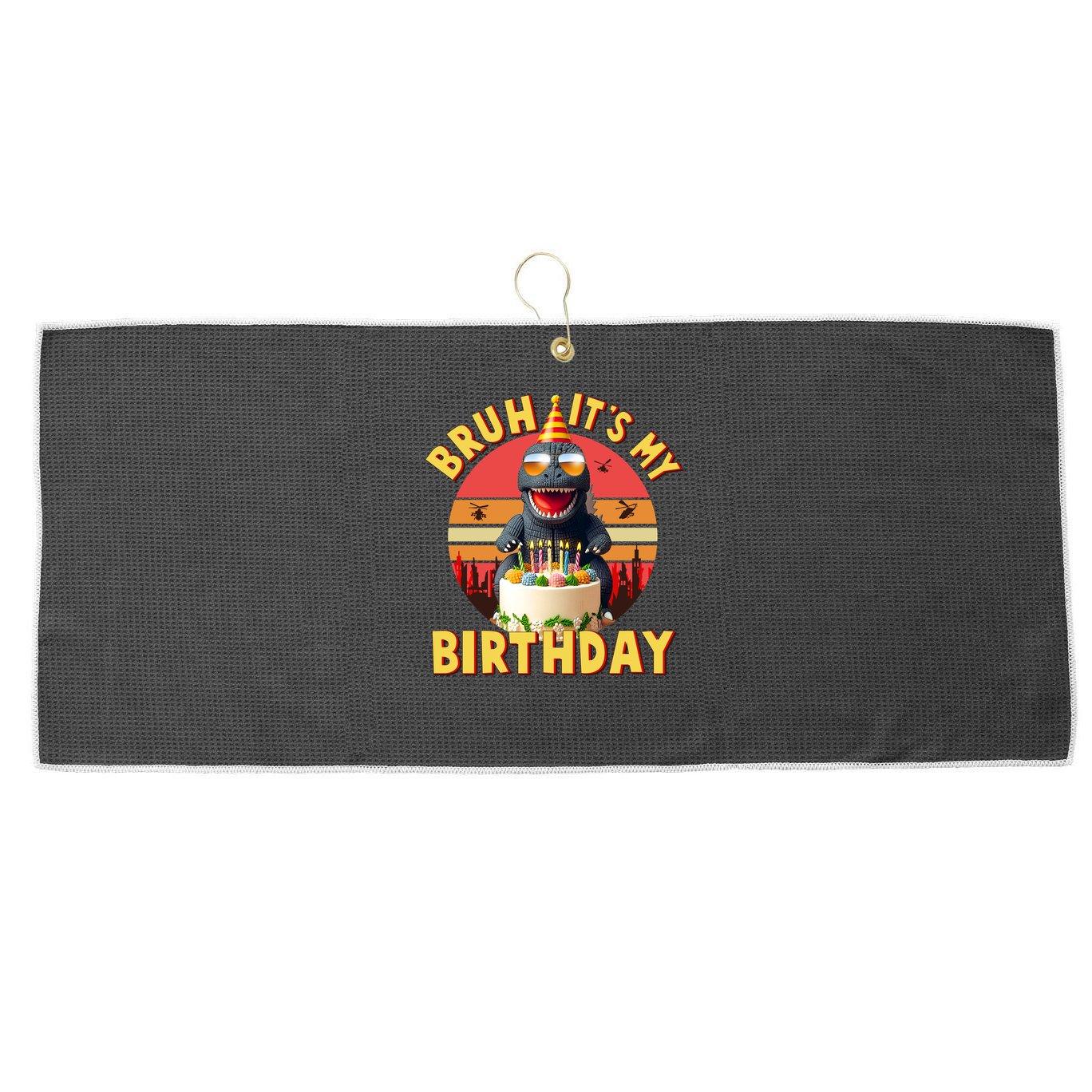 Funny Bruh It's My Birthday Japanese Kaiju Monster Large Microfiber Waffle Golf Towel