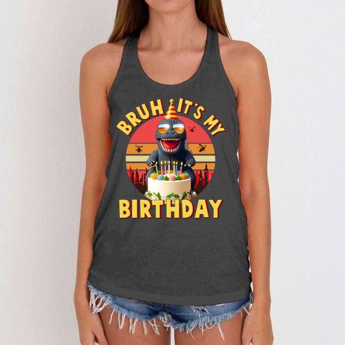 Funny Bruh It's My Birthday Japanese Kaiju Monster Women's Knotted Racerback Tank