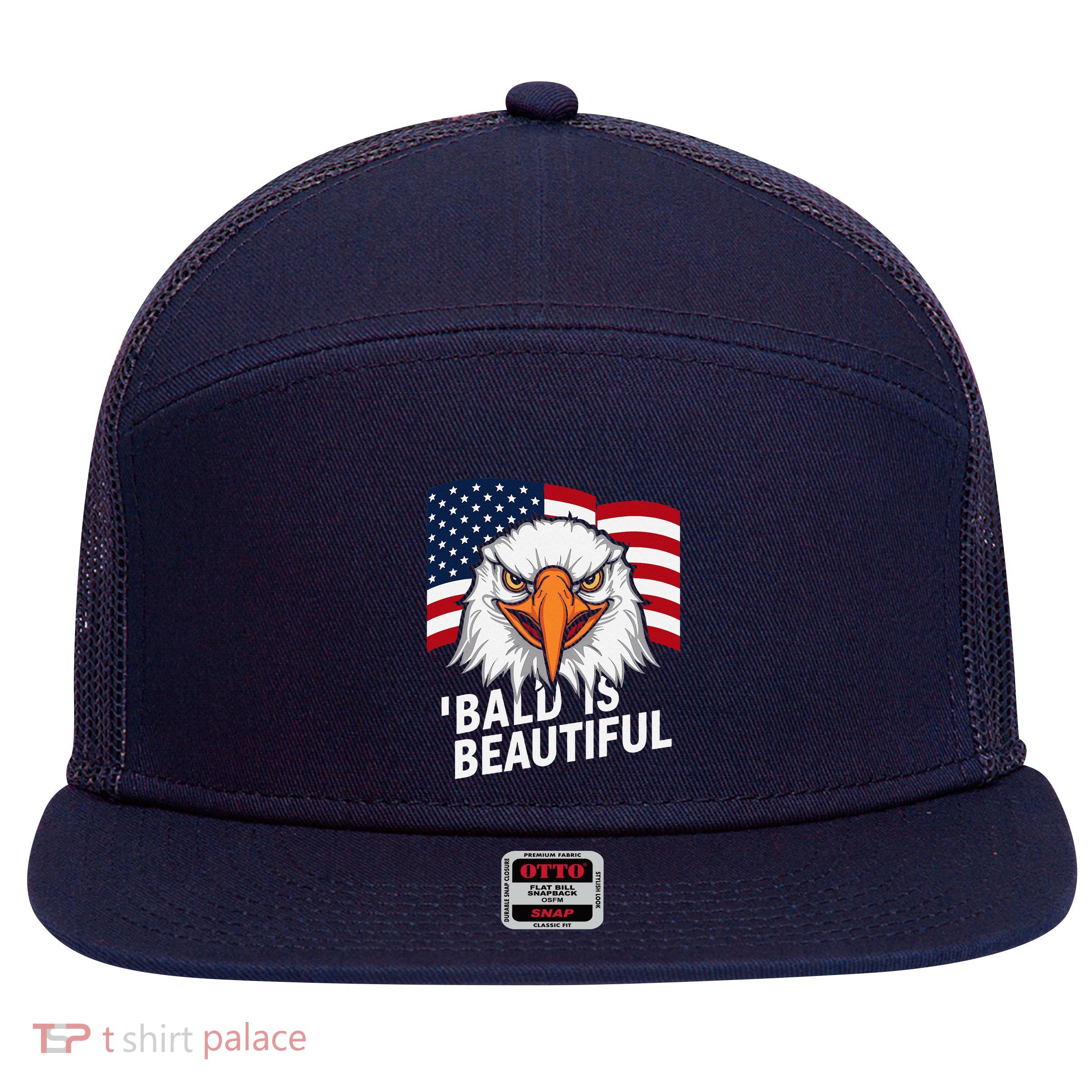 Funny Bald Is Beautiful Independence Day 4th July Eagle Gift 7 Panel Mesh Trucker Snapback Hat