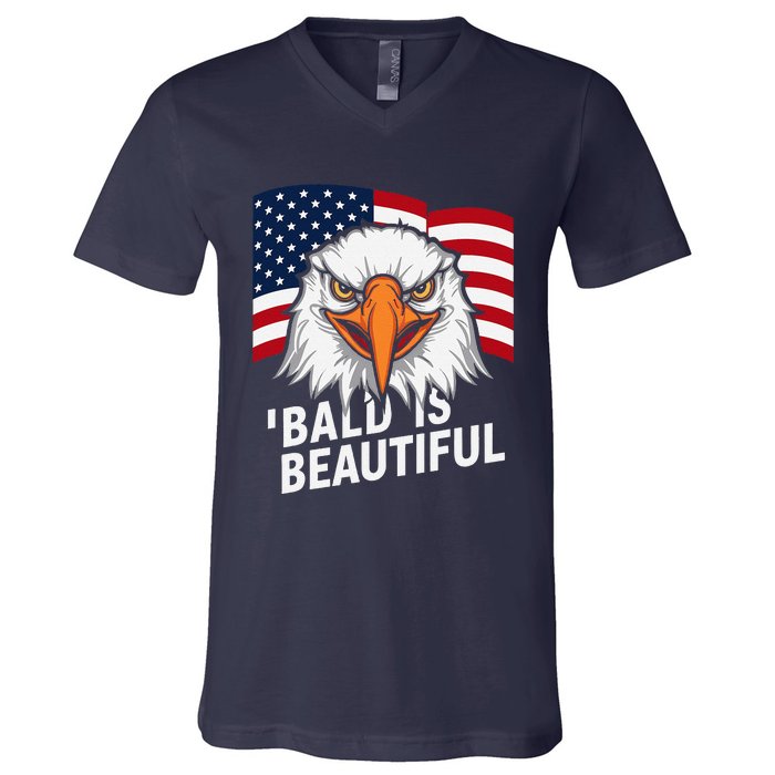 Funny Bald Is Beautiful Independence Day 4th July Eagle Gift V-Neck T-Shirt