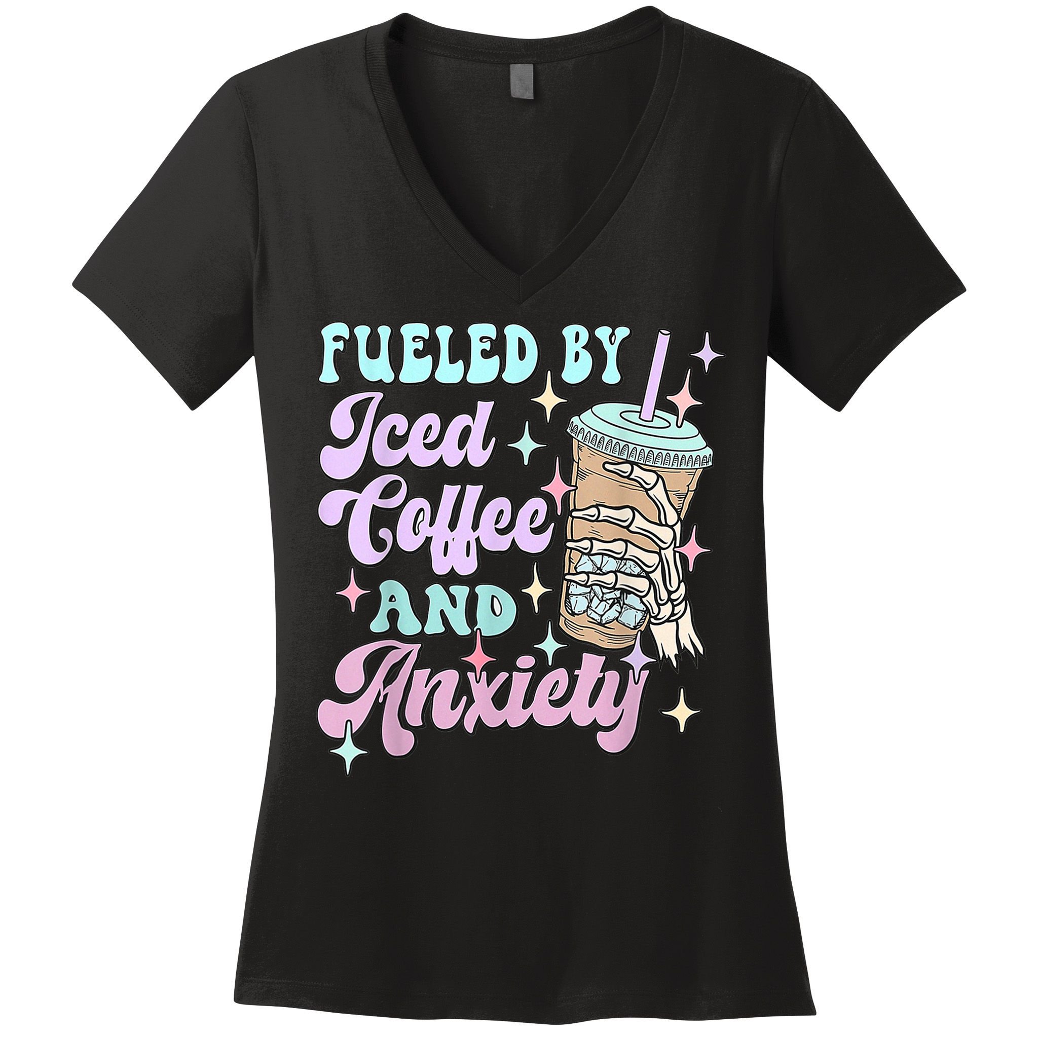 Fueled By Iced Coffee And Anxiety Mental Health Awareness Women's V-Neck T-Shirt