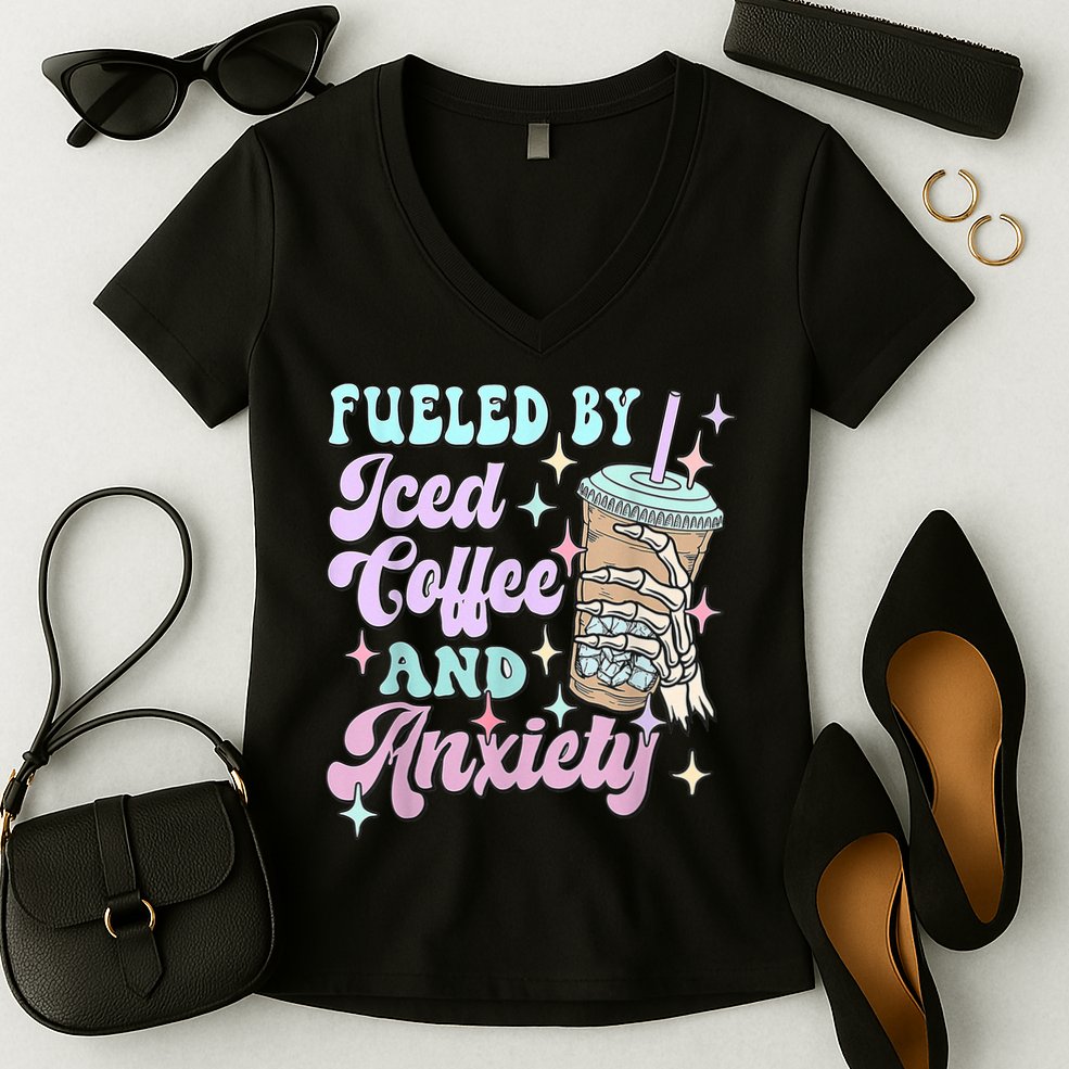 Fueled By Iced Coffee And Anxiety Mental Health Awareness Women's V-Neck T-Shirt