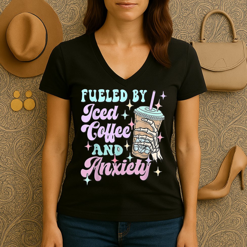 Fueled By Iced Coffee And Anxiety Mental Health Awareness Women's V-Neck T-Shirt