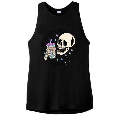 Fueled By Iced Coffee And Anxiety Skull Coffee Lover Ladies PosiCharge Tri-Blend Wicking Tank