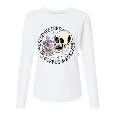 Fueled By Iced Coffee And Anxiety Skull Coffee Lover Womens Cotton Relaxed Long Sleeve T-Shirt