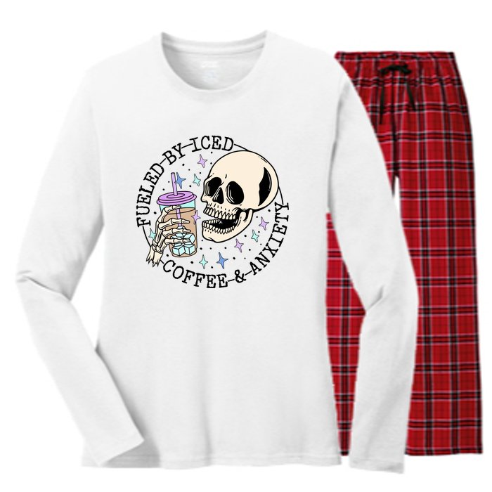 Fueled By Iced Coffee And Anxiety Skull Coffee Lover Women's Long Sleeve Flannel Pajama Set 