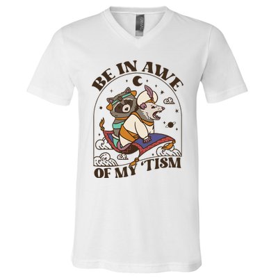 Funny Be In Awe Of My Tism Raccoon Possum V-Neck T-Shirt