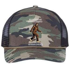 Funny Bigfoot Is Confused Often With Sasquatch Yeti Never Complains Retro Rope Trucker Hat Cap