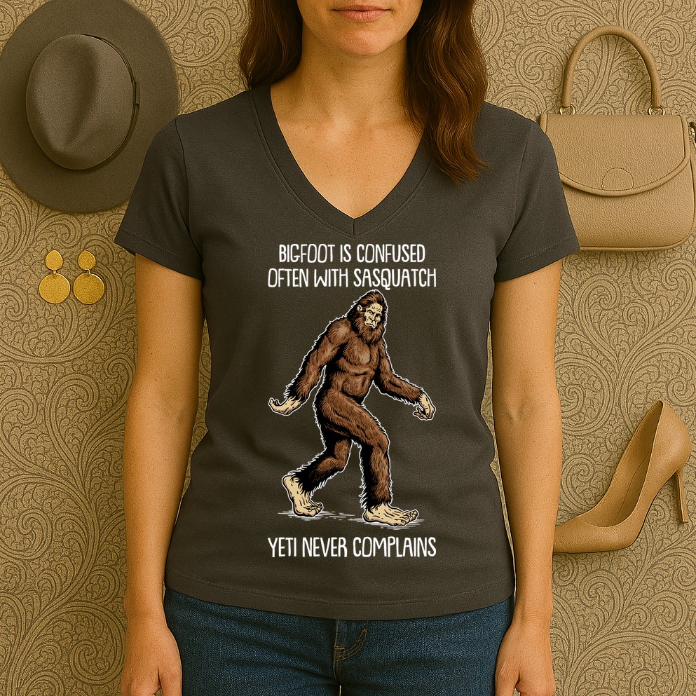 Funny Bigfoot Is Confused Often With Sasquatch Yeti Never Complains Women's V-Neck T-Shirt