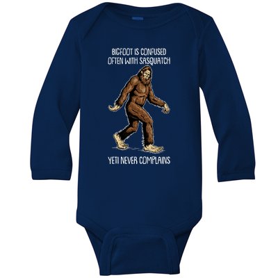 Funny Bigfoot Is Confused Often With Sasquatch Yeti Never Complains Baby Long Sleeve Bodysuit