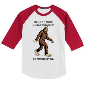 Funny Bigfoot Is Confused Often With Sasquatch Yeti Never Complains Kids Colorblock Raglan Jersey